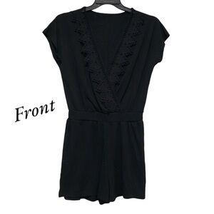 Summer short sleeve laced V-necks shorts romper black size M